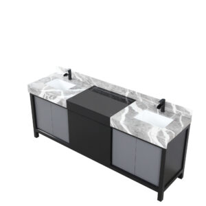 Zilara 84W x 22D Black and Grey Double Bath Vanity, Castle Grey Marble Top and Matte Black Faucet Set