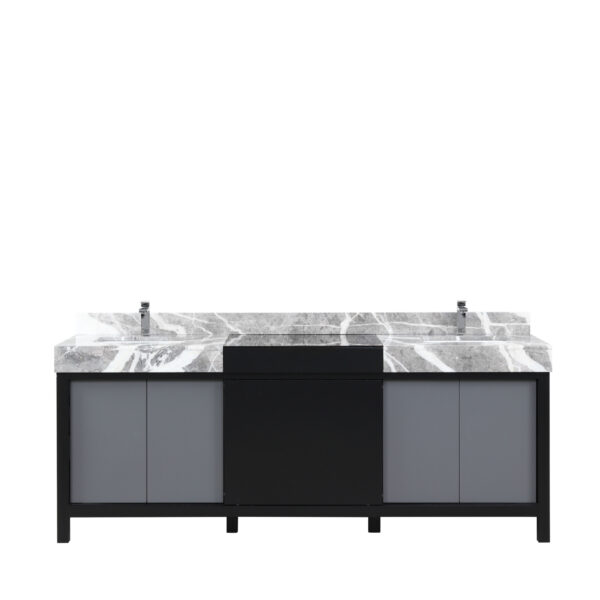 Zilara 84W x 22D Black and Grey Double Bath Vanity, Castle Grey Marble Top and Chrome Faucet Set