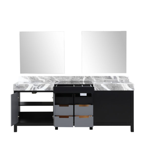 Zilara 84W x 22D Black and Grey Double Bath Vanity, Castle Grey Marble Top and 34Mirrors