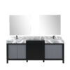 Zilara 84W x 22D Black and Grey Double Bath Vanity, Castle Grey Marble Top, Gun Metal Faucet Set and 34Mirrors