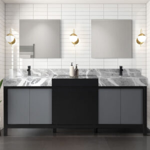 Zilara 84W x 22D Black and Grey Double Bath Vanity, Castle Grey Marble Top and Matte Black Faucet Set