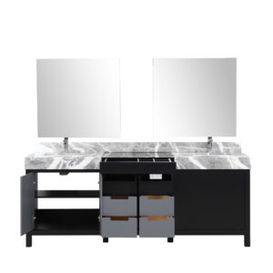 Zilara 84W x 22D Black and Grey Double Bath Vanity, Castle Grey Marble Top, Chrome Faucet Set and 34Mirrors