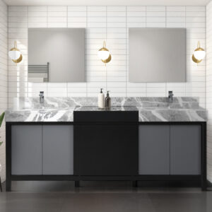 Zilara 84W x 22D Black and Grey Double Bath Vanity, Castle Grey Marble Top and Chrome Faucet Set