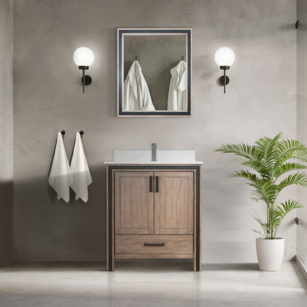 Ziva 30W x 22D Rustic Barnwood Bath Vanity, White Quartz Top, Faucet Set and 28Mirror