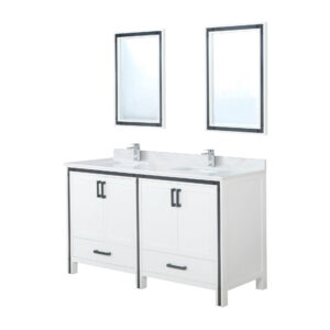 Ziva 60W x 22D White Double Bath Vanity, White Quartz Top, Faucet Set and 22Mirrors