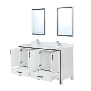 Ziva 60W x 22D White Double Bath Vanity, White Quartz Top, Faucet Set and 22Mirrors