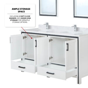 Ziva 60W x 22D White Double Bath Vanity and 22Mirrors