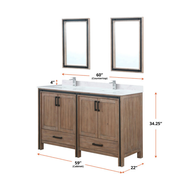 Ziva 60W x 22D Rustic Barnwood Double Bath Vanity and 22Mirrors