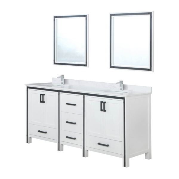 Ziva 72W x 22D White Double Bath Vanity, Cultured Marble Top, Faucet Set and 30Mirrors