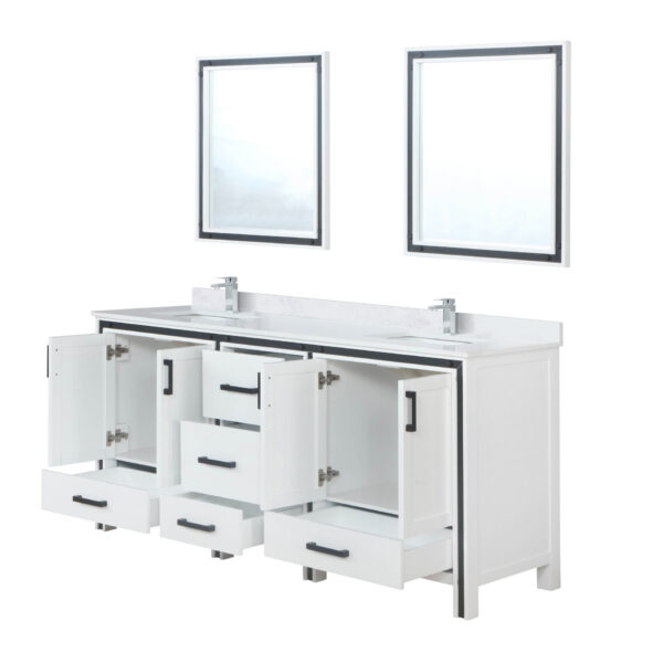 Ziva 72W x 22D White Double Bath Vanity, Cultured Marble Top, Faucet Set and 30Mirrors