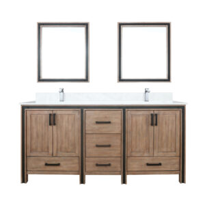 Ziva 72W x 22D Rustic Barnwood Double Bath Vanity, Cultured Marble Top, Faucet Set and 30Mirrors