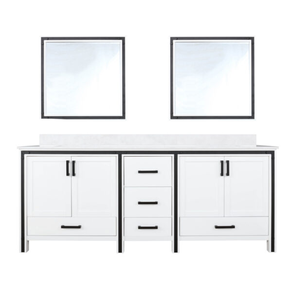 Ziva 80W x 22D White Double Bath Vanity, Cultured Marble Top and 30Mirrors