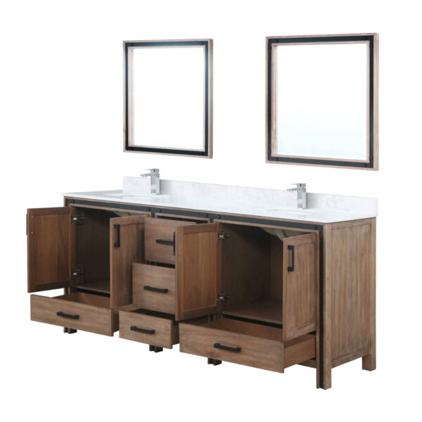 Ziva 80W x 22D Rustic Barnwood Double Bath Vanity, White Quartz Top, Faucet Set and 30Mirrors