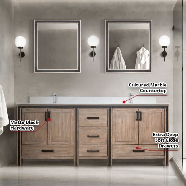 Ziva 80W x 22D Rustic Barnwood Double Bath Vanity and 30Mirrors