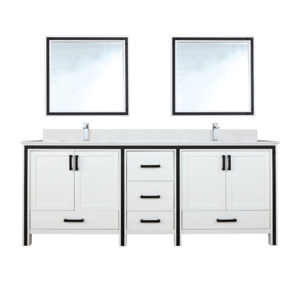 Ziva 84W x 22D White Double Bath Vanity, Cultured Marble Top, Faucet Set and 34Mirrors