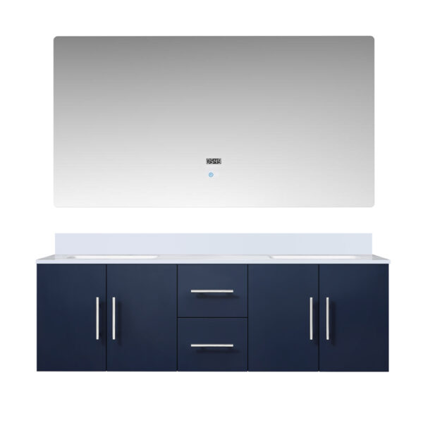 Geneva 60 in. W x 22 in. D Navy Blue Double Bath Vanity, Cultured Marble Top, and 60 in. LED Mirror