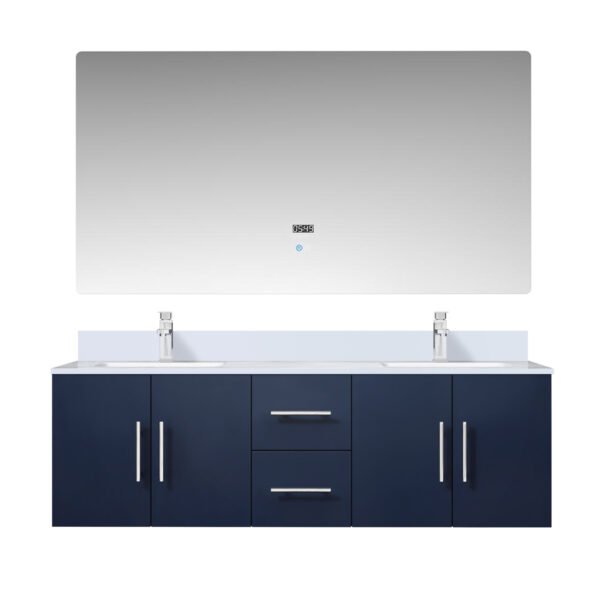 Geneva 60 in. W x 22 in. D Navy Blue Double Bath Vanity, Carrara Marble Top, Faucet Set, and 60 in. LED Mirror