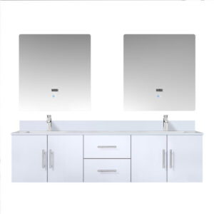 Geneva 72 in. W x 22 in. D Glossy White Double Bath Vanity, Cultured Marble Top, Faucet Set, and 30 in. LED Mirrors