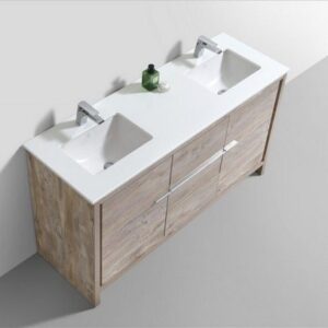 Kubebath AD660DNW Dolce 60 Inch Double Sink Nature Wood Modern Bathroom Vanity with White Quartz Countertop