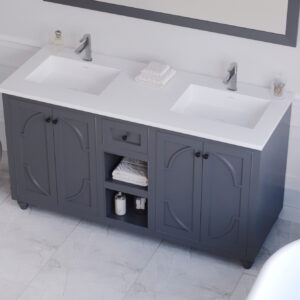 Laviva Odyssey 60" Maple Grey Double Sink Bathroom Vanity with Matte White VIVA Stone Solid Surface Countertop