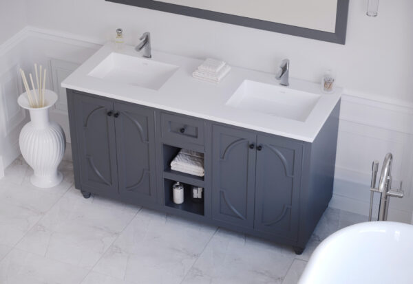 Laviva Odyssey 60" Maple Grey Double Sink Bathroom Vanity with Matte White VIVA Stone Solid Surface Countertop