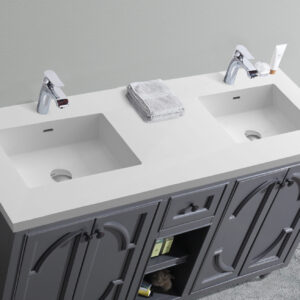 Laviva Odyssey 60" Maple Grey Double Sink Bathroom Vanity with Matte White VIVA Stone Solid Surface Countertop