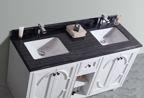 Laviva Odyssey 60" White Double Sink Bathroom Vanity with Black Wood Marble Countertop