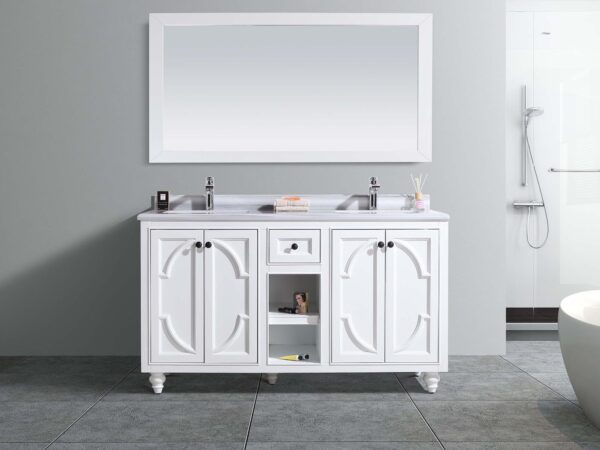 Laviva Odyssey 60" White Double Sink Bathroom Vanity with White Stripes Marble Countertop