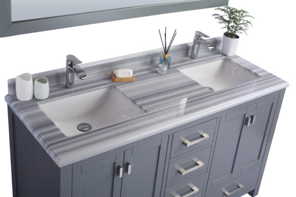 Laviva Wilson 60" Grey Double Sink Bathroom Vanity with White Stripes Marble Countertop