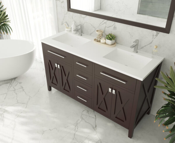 Laviva Wimbledon 60" Brown Double Sink Bathroom Vanity with Matte White VIVA Stone Solid Surface Countertop