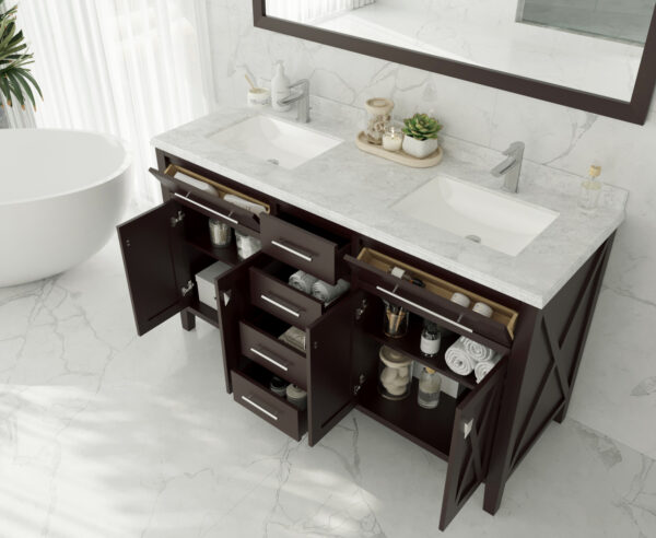 Laviva Wimbledon 60" Brown Double Sink Bathroom Vanity with Matte White VIVA Stone Solid Surface Countertop