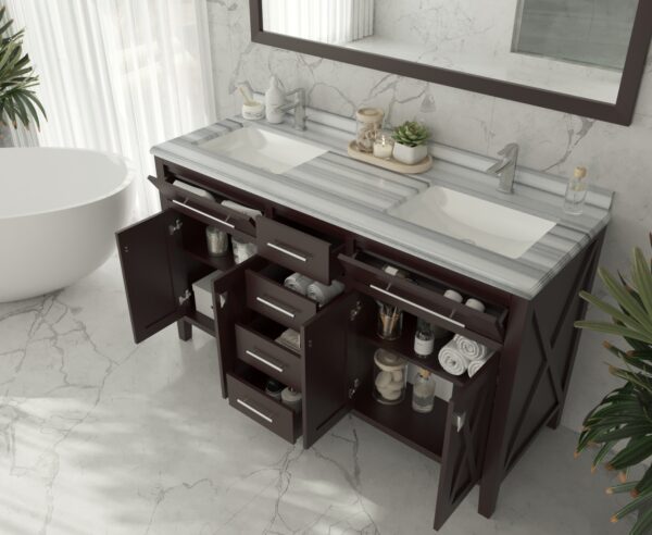 Laviva Wimbledon 60" Brown Double Sink Bathroom Vanity with White Stripes Marble Countertop