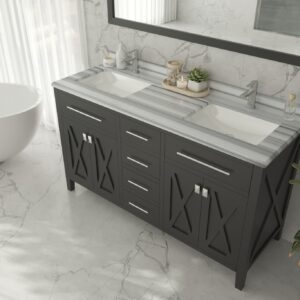 Laviva Wimbledon 60" Espresso Double Sink Bathroom Vanity with White Stripes Marble Countertop