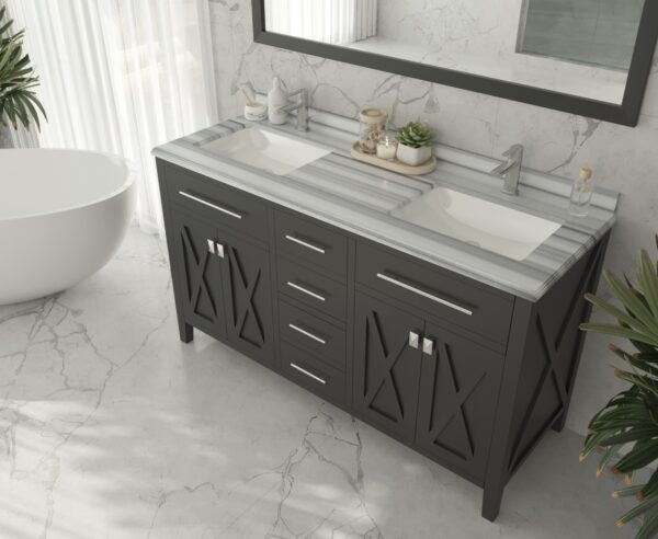 Laviva Wimbledon 60" Espresso Double Sink Bathroom Vanity with White Stripes Marble Countertop