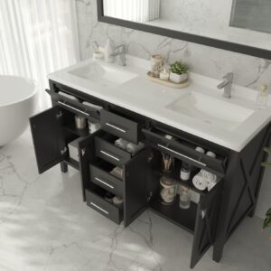 Laviva Wimbledon 60" Espresso Double Sink Bathroom Vanity with White Stripes Marble Countertop