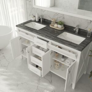 Laviva Wimbledon 60" White Double Sink Bathroom Vanity with Black Wood Marble Countertop