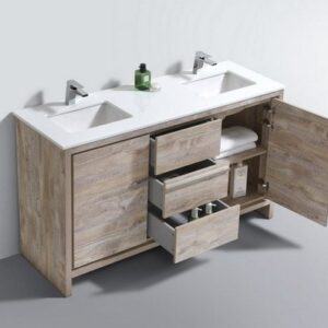 Kubebath AD660DNW Dolce 60 Inch Double Sink Nature Wood Modern Bathroom Vanity with White Quartz Countertop