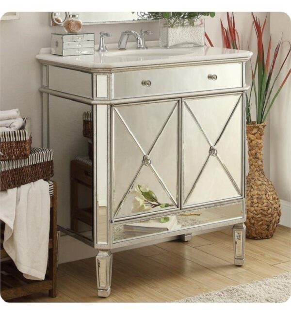 Chans Furniture 505RA 32 Inch Benton Collection Mirror Reflection Austell Bathroom Sink Vanity in Silver Leaf Finish