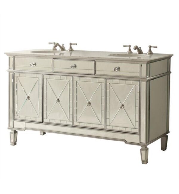 Chans Furniture 7332Q60 60 Inch All-Mirrored Reflection Ashlia Double Sink Bathroom Sink Vanity