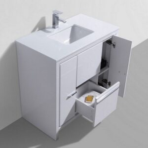 Kubebath AD636GW Dolce 36 Inch High Gloss White Modern Bathroom Vanity with White Quartz Counter-Top