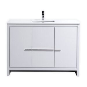 Kubebath AD648SGW Dolce 48 Inch High Gloss White Modern Bathroom Vanity with White Quartz Counter-Top