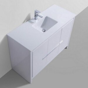 Kubebath AD648SGW Dolce 48 Inch High Gloss White Modern Bathroom Vanity with White Quartz Counter-Top