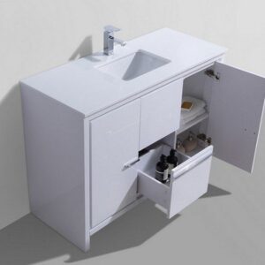 Kubebath AD648SGW Dolce 48 Inch High Gloss White Modern Bathroom Vanity with White Quartz Counter-Top