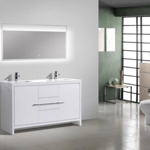 Kubebath AD660DGW Dolce 60 Inch Double Sink High Gloss White Modern Bathroom Vanity with White Quartz Counter-Top