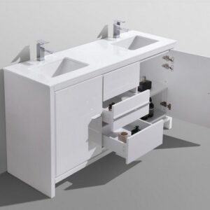 Kubebath AD660DGW Dolce 60 Inch Double Sink High Gloss White Modern Bathroom Vanity with White Quartz Counter-Top