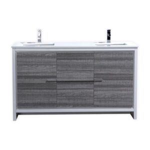 Kubebath AD660DHG Dolce 60 Inch Double Sink Ash Gray Modern Bathroom Vanity with White Quartz Counter-Top