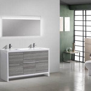 Kubebath AD660DHG Dolce 60 Inch Double Sink Ash Gray Modern Bathroom Vanity with White Quartz Counter-Top