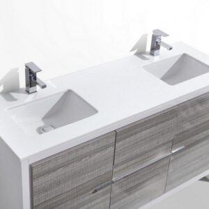 Kubebath AD660DHG Dolce 60 Inch Double Sink Ash Gray Modern Bathroom Vanity with White Quartz Counter-Top