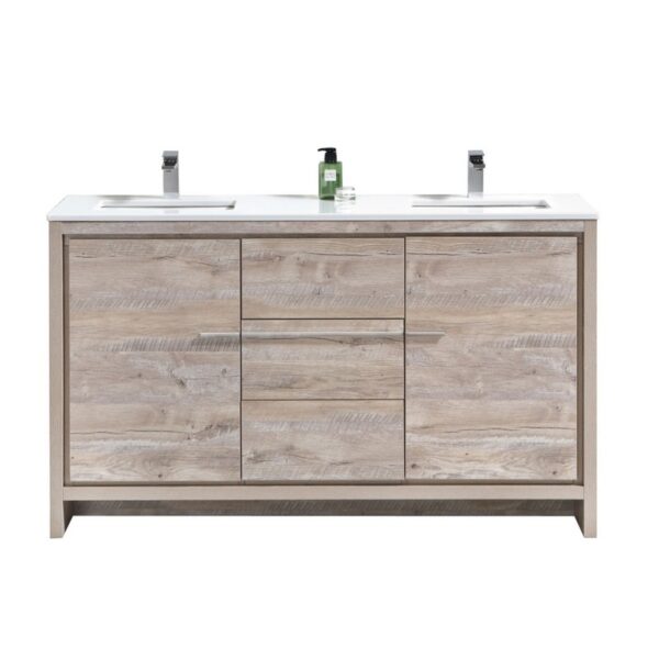 Kubebath AD660DNW Dolce 60 Inch Double Sink Nature Wood Modern Bathroom Vanity with White Quartz Countertop