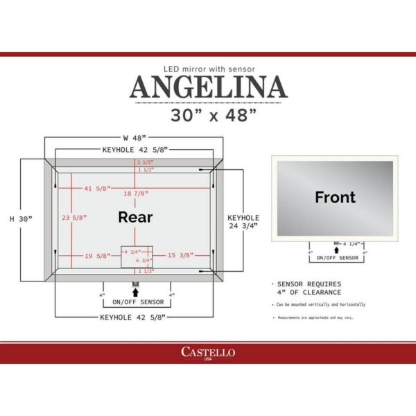 Castello USA ANGELINA3048 Angelina 48 x 30 Inch LED Bathroom Mirror with On/Off Sensor